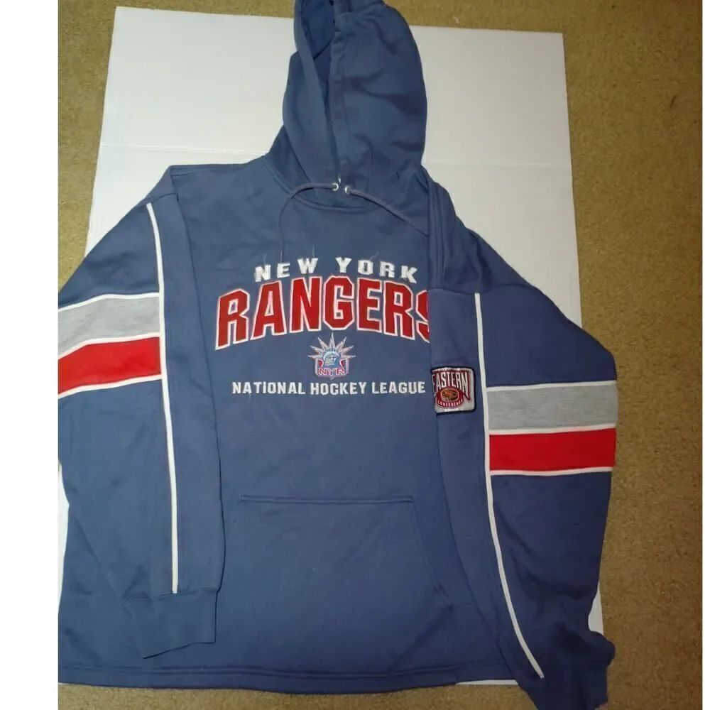 New York Rangers Eastern Conference Used Heavy Weight Blue Hooded Sweatshirt XL